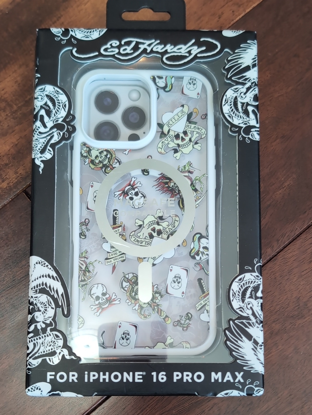 Ed Hardy White Trim Clear Skull & Tattoo Pattern MagSafe Case